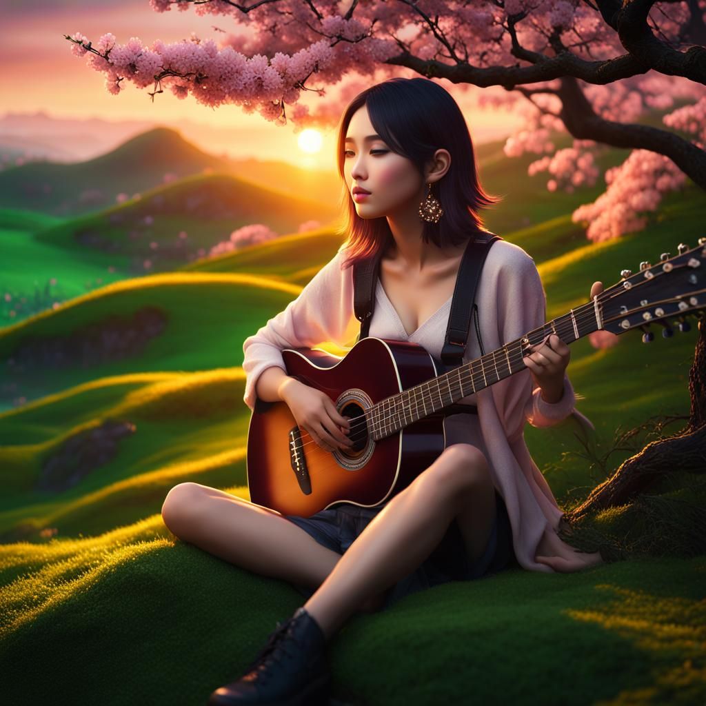 Girl with Guitar at Sunset, Chinese Landscape