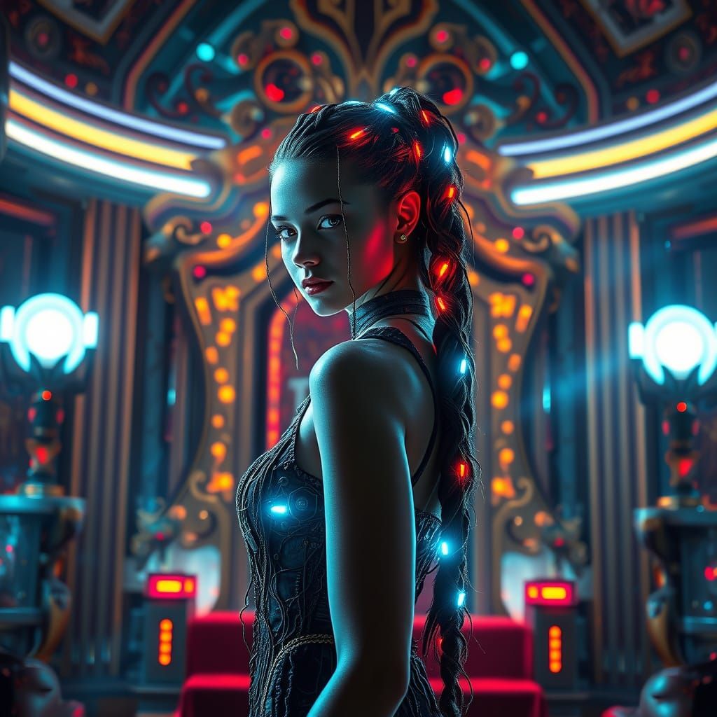 Cyberpunk Princess Reigns in Neon-Lit Throne Room