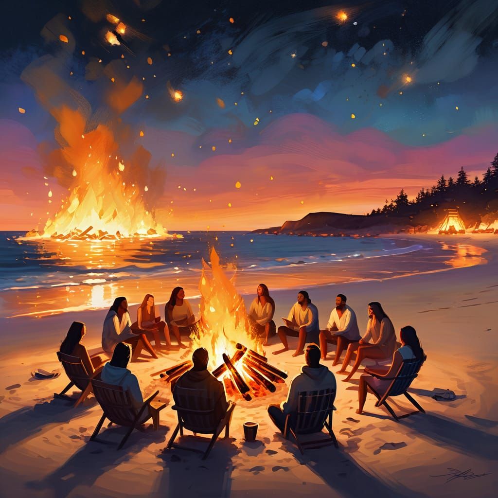 Bonfire on Beach Under Starry Sky: Digital Art