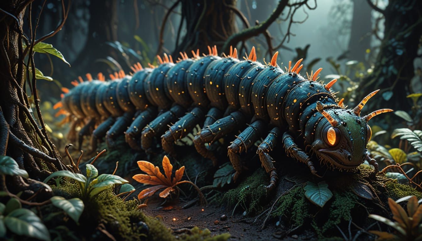 Jurassic Caterpillar Navigating Lush Jungle in Digital Paint...