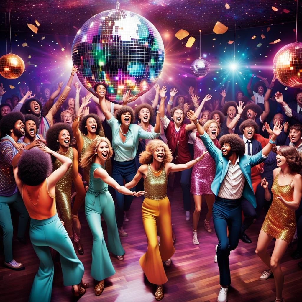 The prompt used for this image is:
"A lively disco party scene with people dancing “