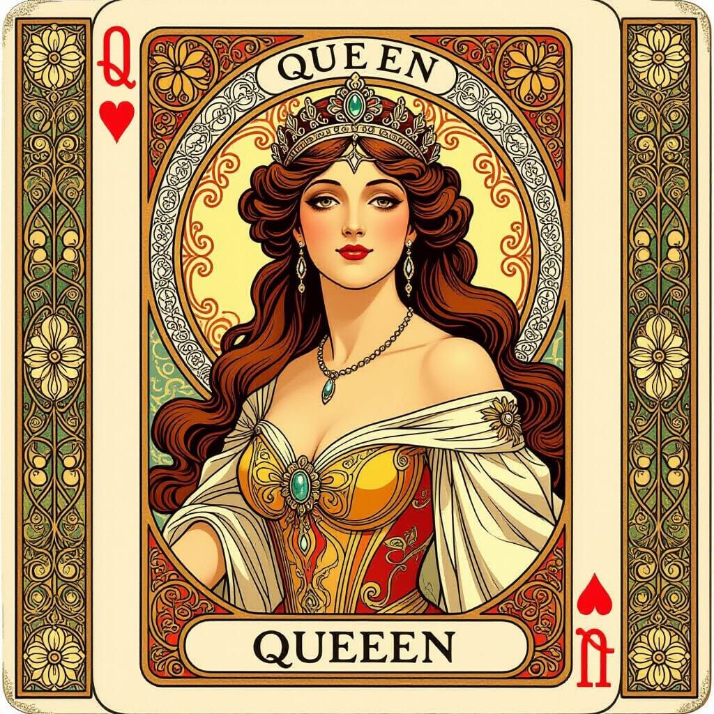 Stunning Queen Playing Card in Art Nouveau Style