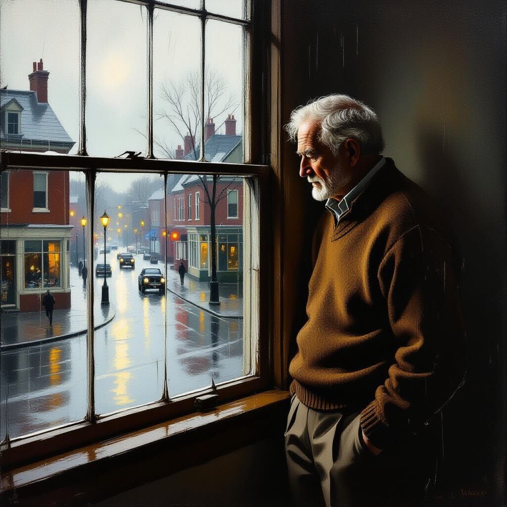 Contemplative Old Man Gazing at Rain