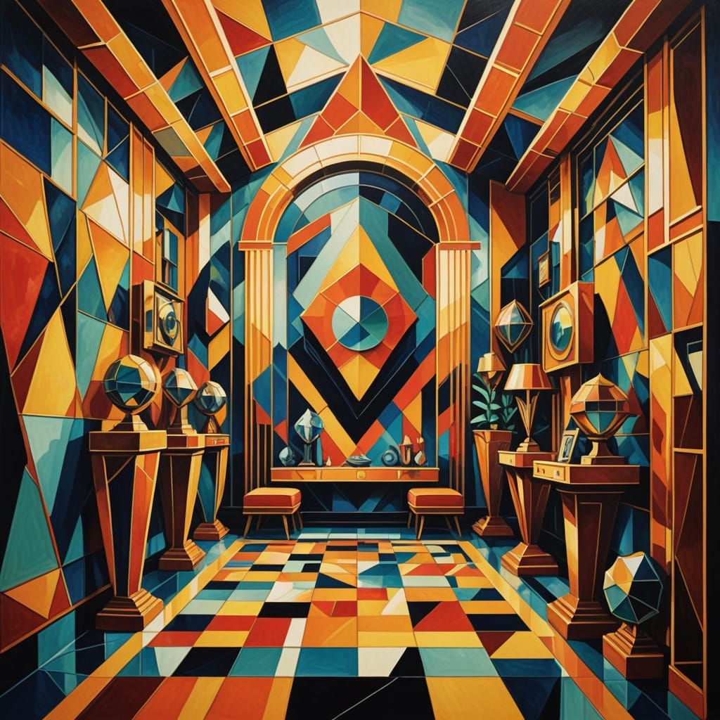 Neo-Cubist Room with Shifting Faces in Art Deco Style