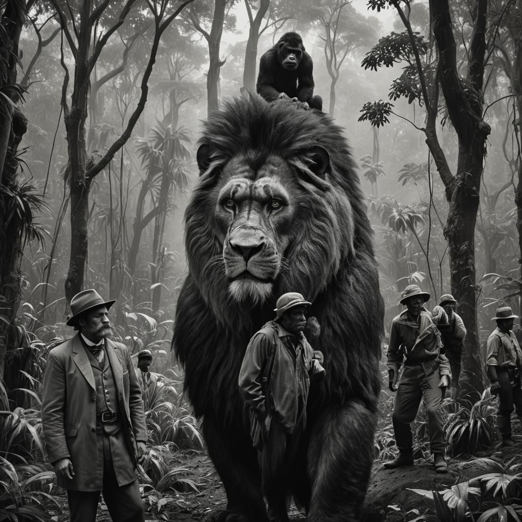 Lion-Gorilla Hybrid in Jungle: Cinematic Black and White Pho...