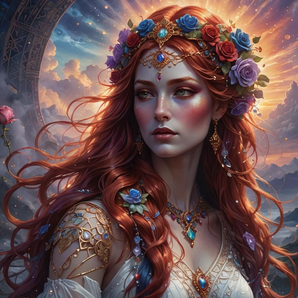 Goddess with Gemstone Hair in Fantasy Art Style