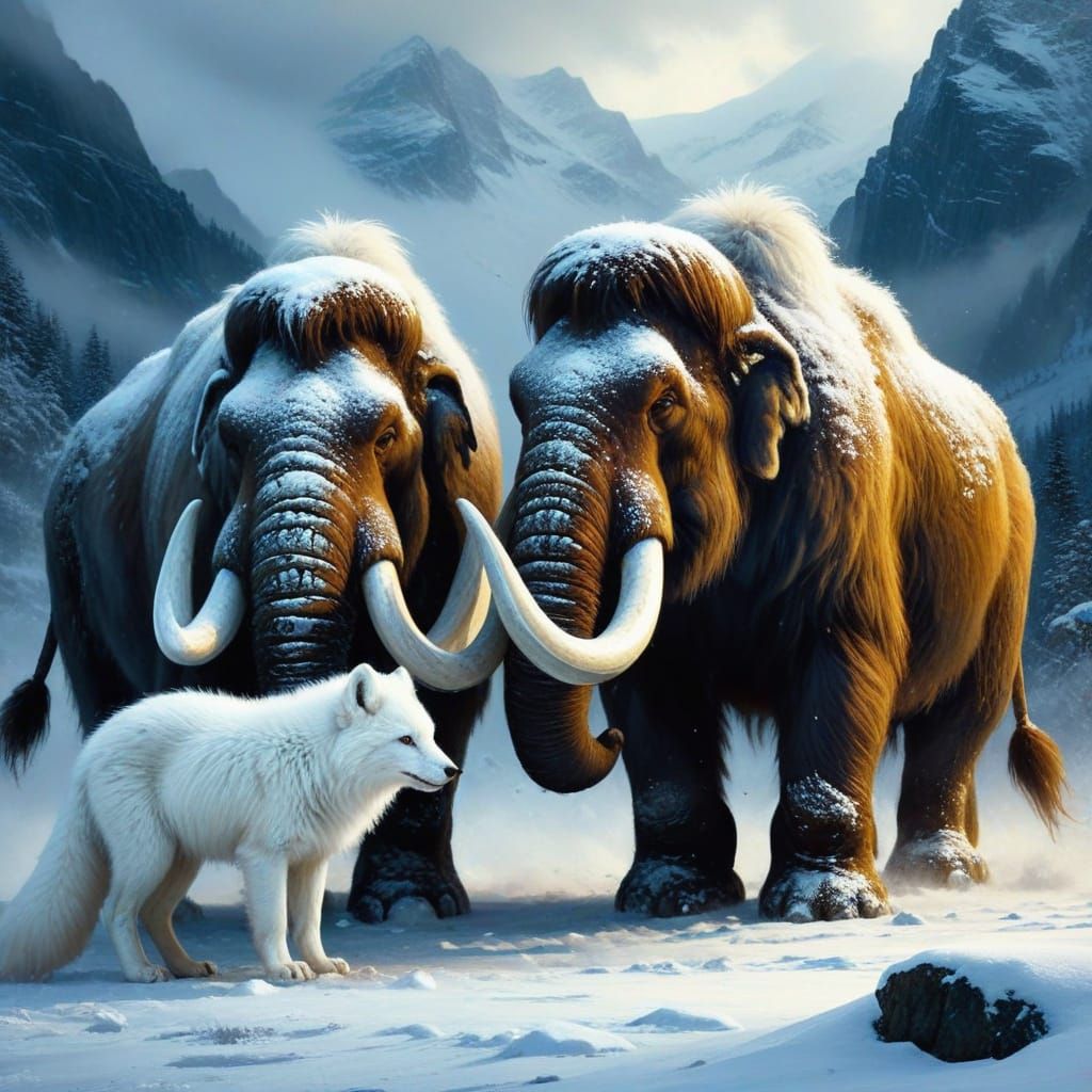 Mammoths in Snowy Blizzard, Gazing at Arctic Fox Friend