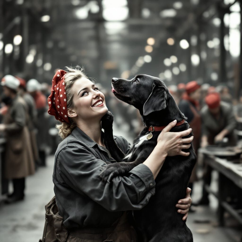 Rosie the Riveter Greets Her Black Lab at the Shipyard