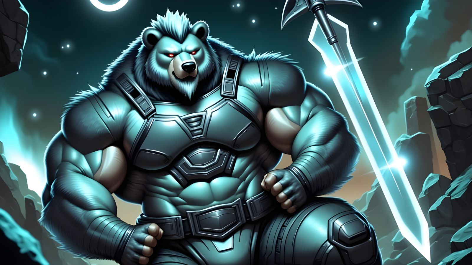 Cyberpunk Guardian Bear with Ghostly Spear