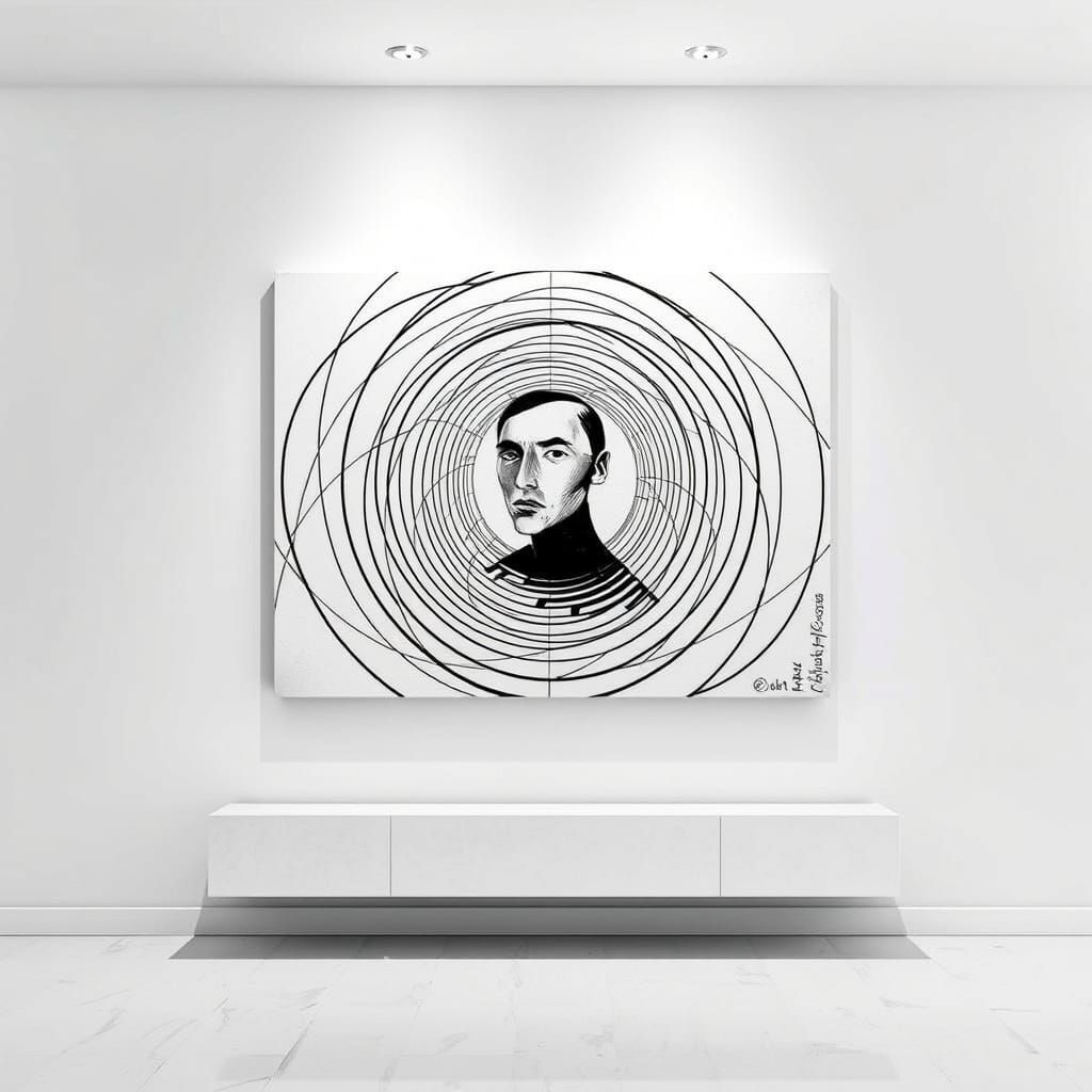 Modern Surrealist Art Piece with Intersecting Circles and Ge...
