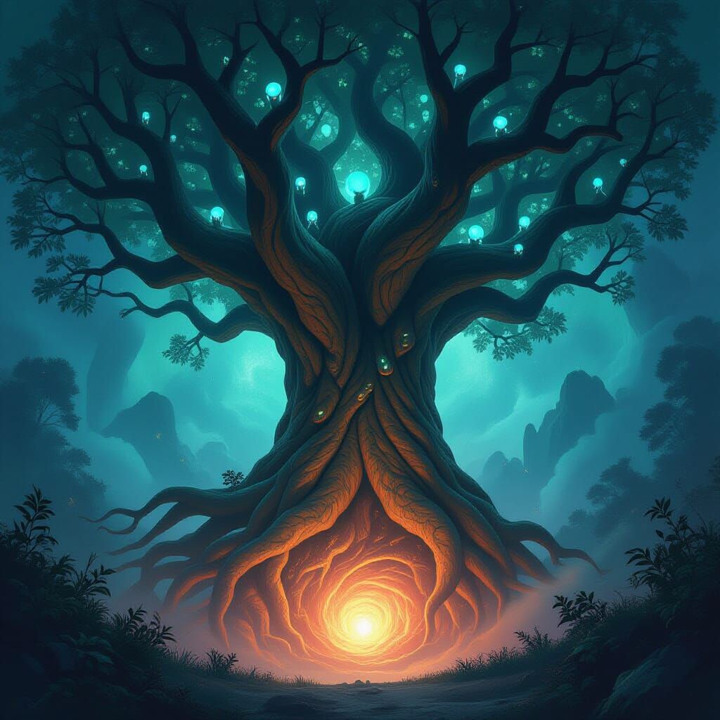 Ancient Cosmic Tree With Ethereal Creatures