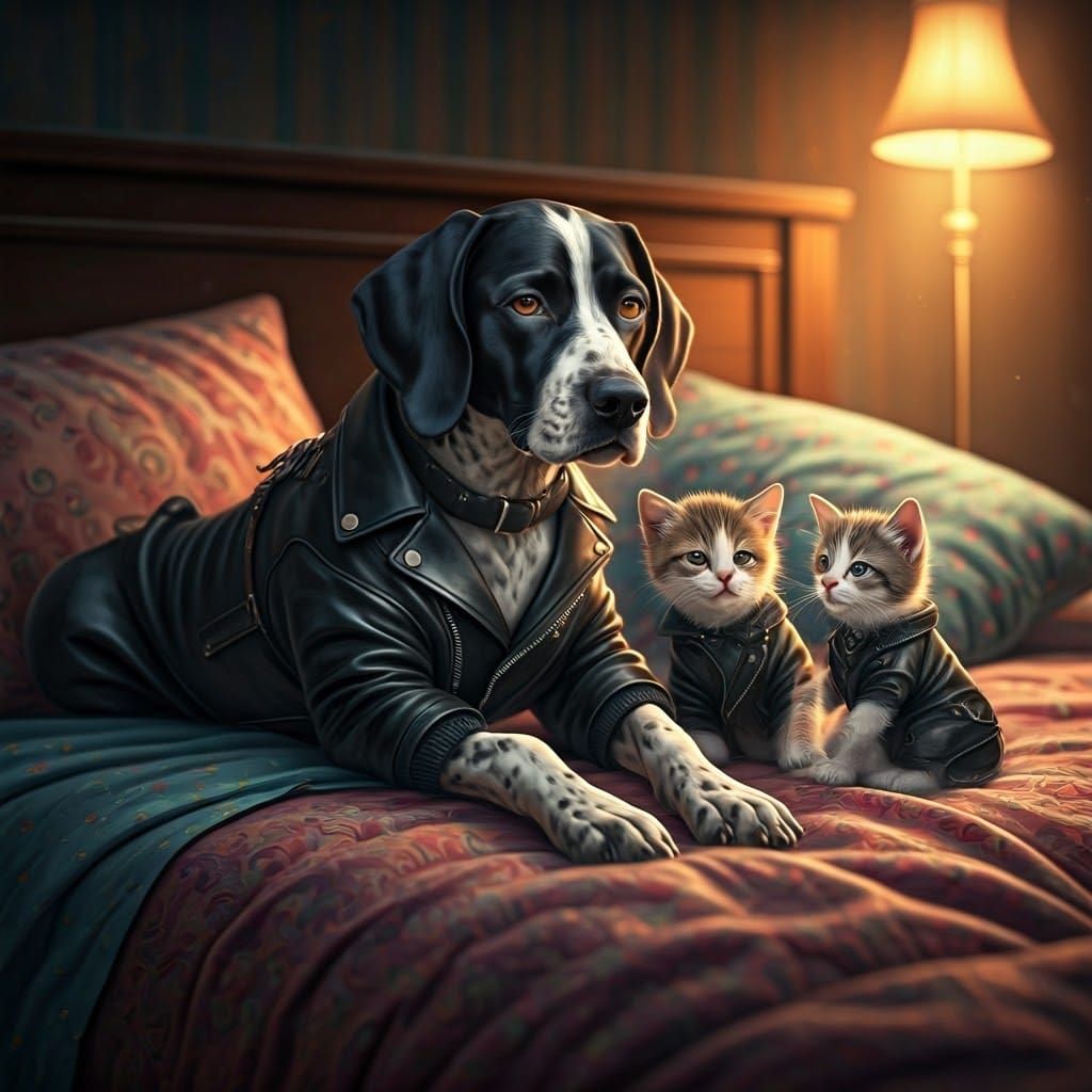 biker dog with two kitten cohorts