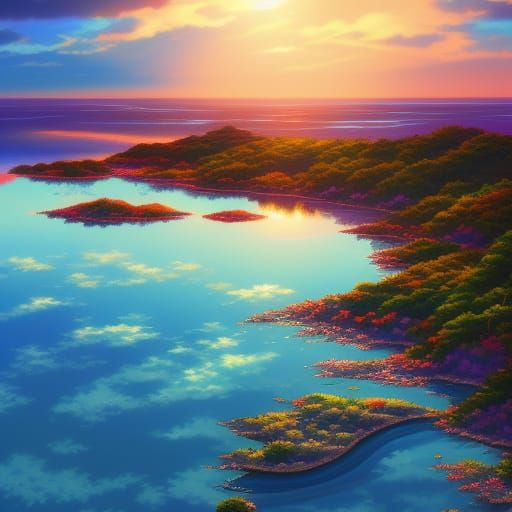 Anime Sun, Sky, Ocean in Japanese Art Style