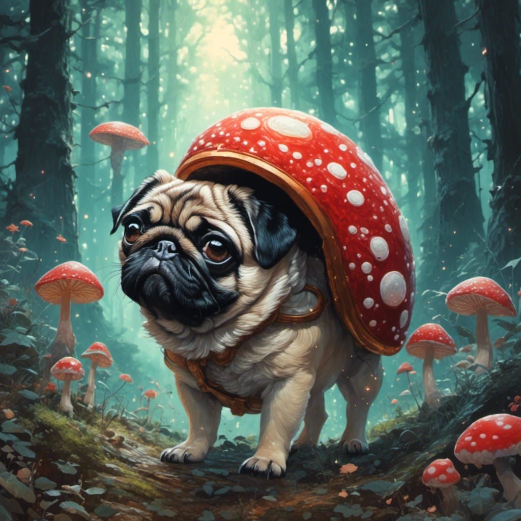 Pug Walks in Realistic Mushroom Forest
