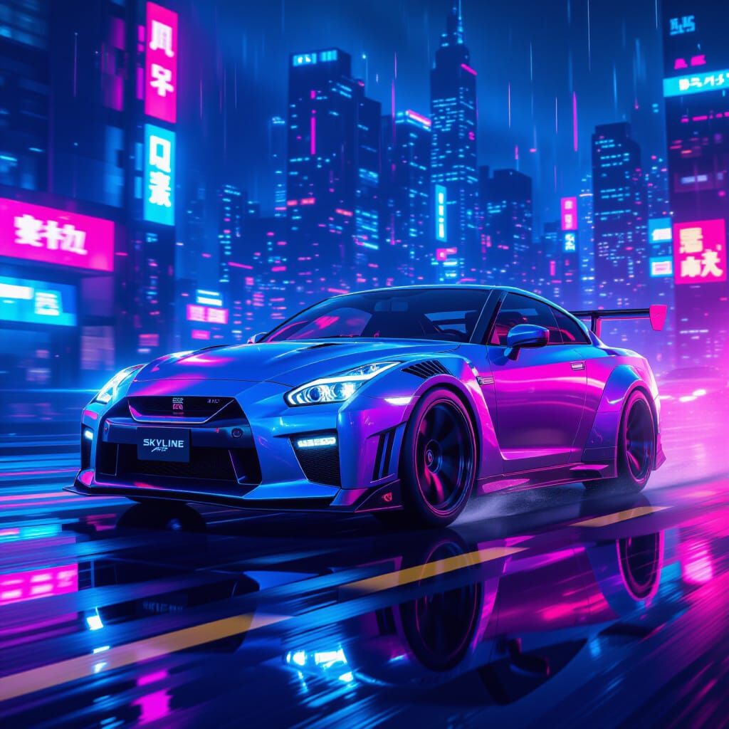 Cyberpunk Nissan Skyline Speeds Through Neon City