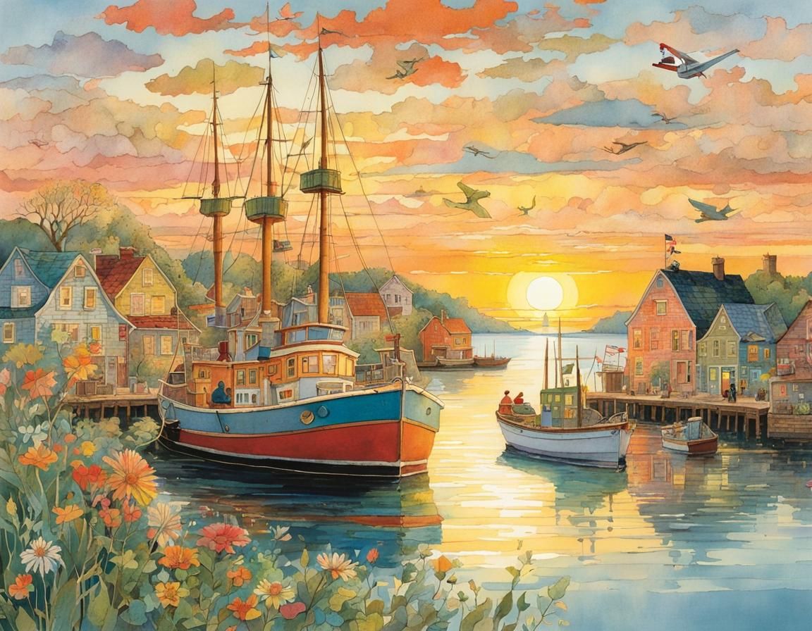 Whimsical Sunrise Over Harbor Illustration