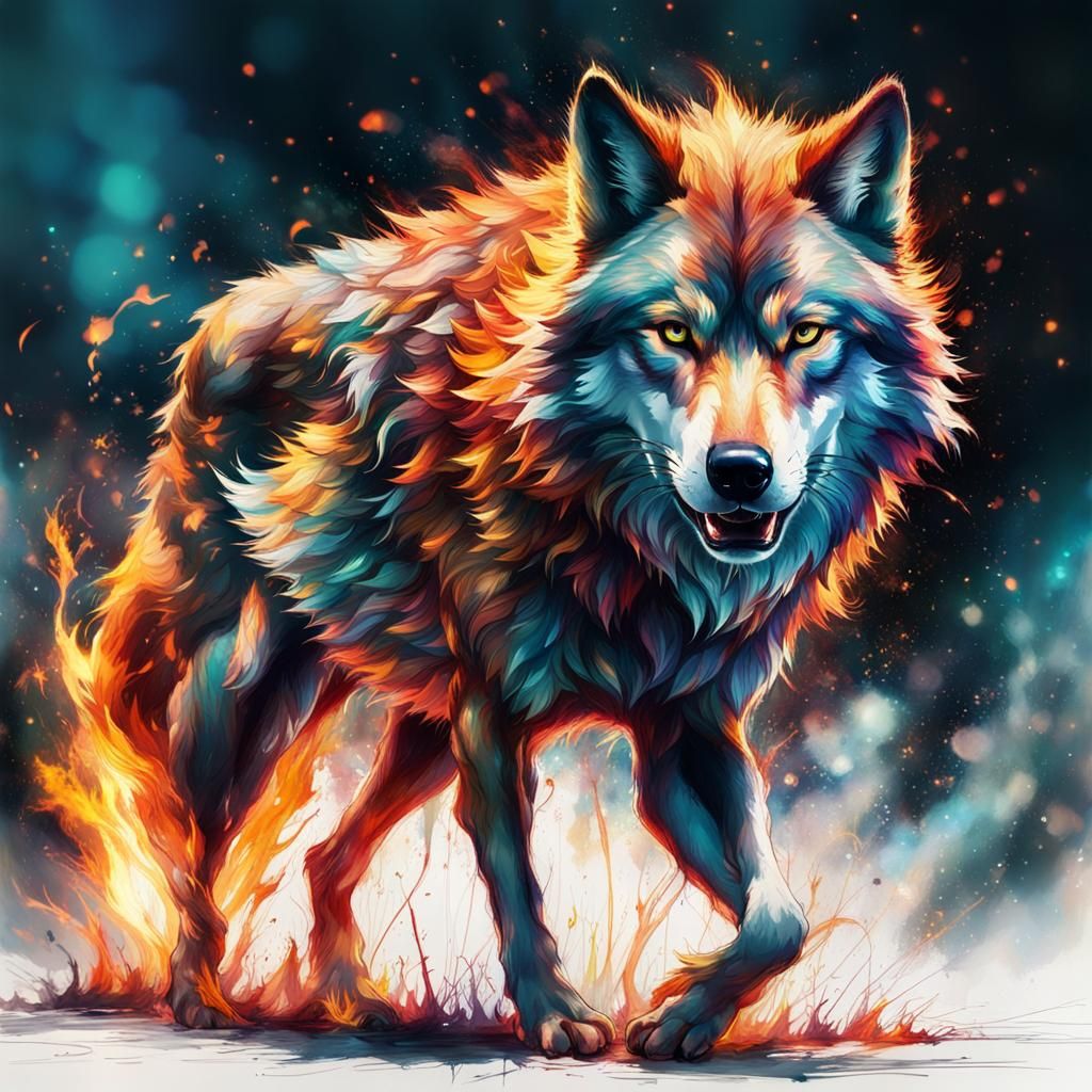 Fiery Wolf in Splash Art Style