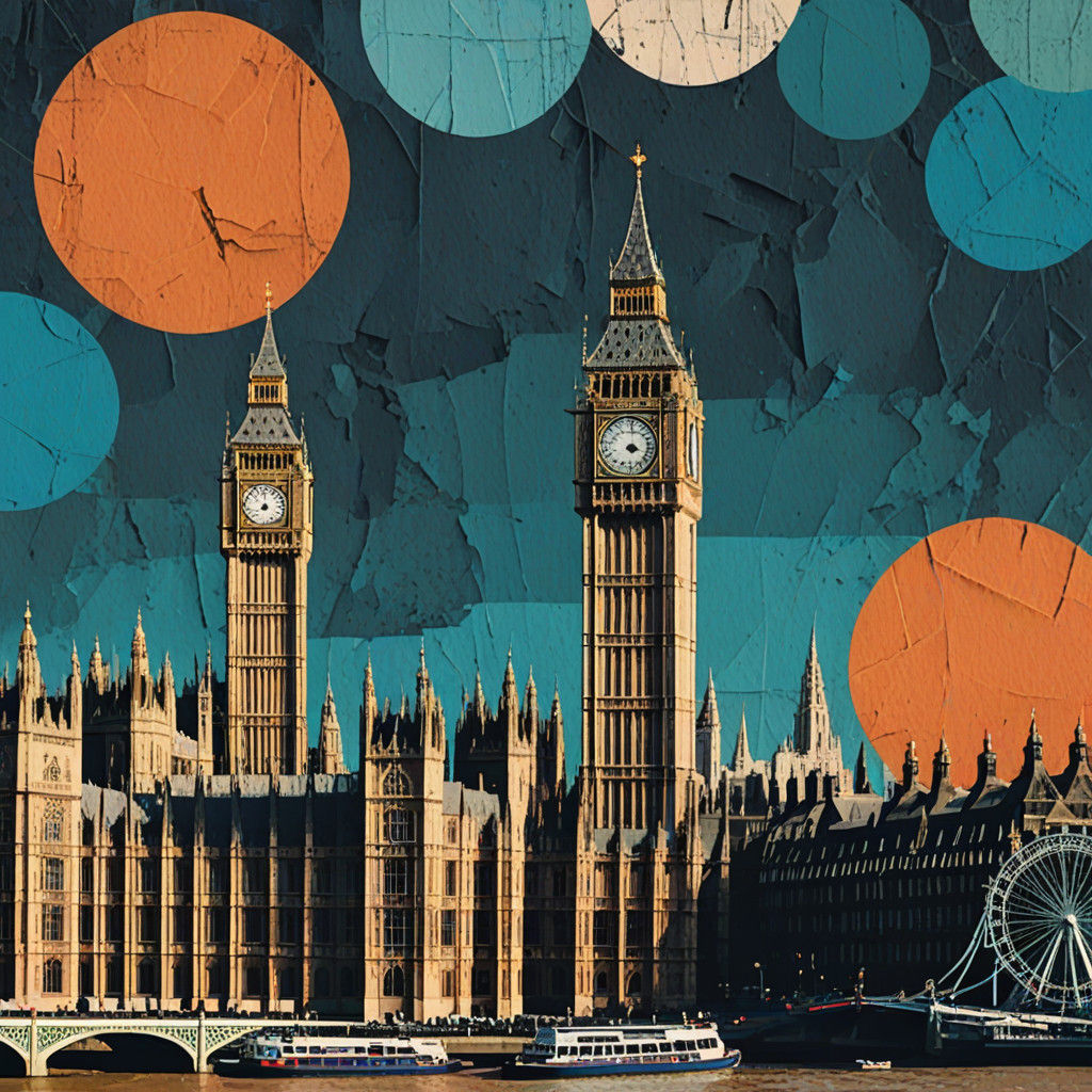 Vintage London Cityscape in Distressed Paper Collage Art