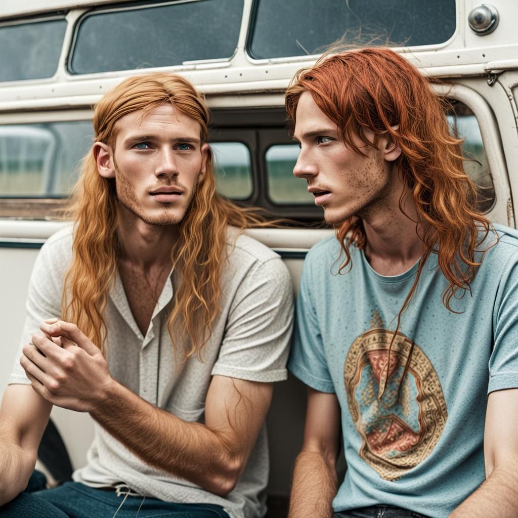 Handsome Hippies Sharing a Moment in VW Bus