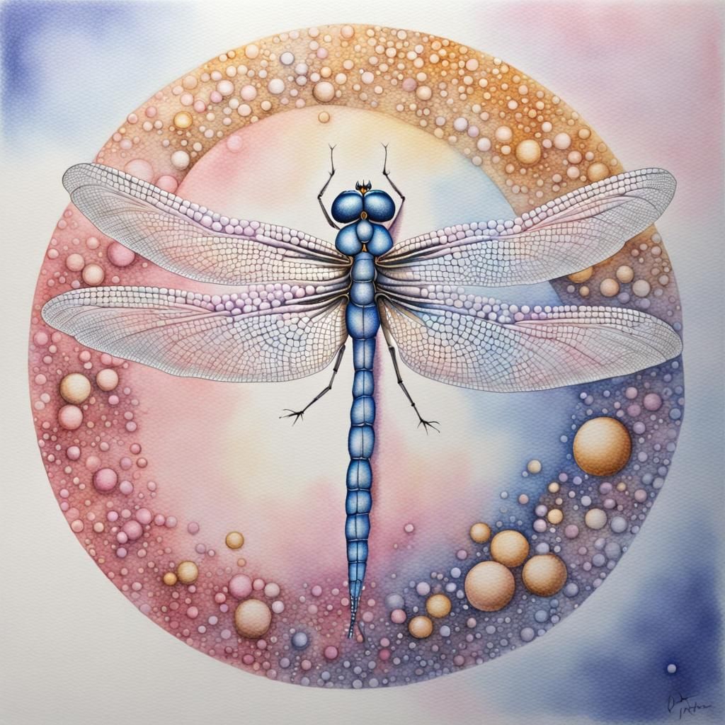 Dragonfly in Flight: Hyperrealistic Pointillism Watercolor