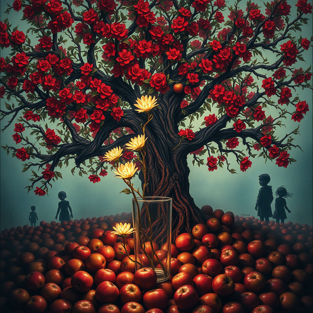 Eerie Crimson Tree in Dreamlike Landscape