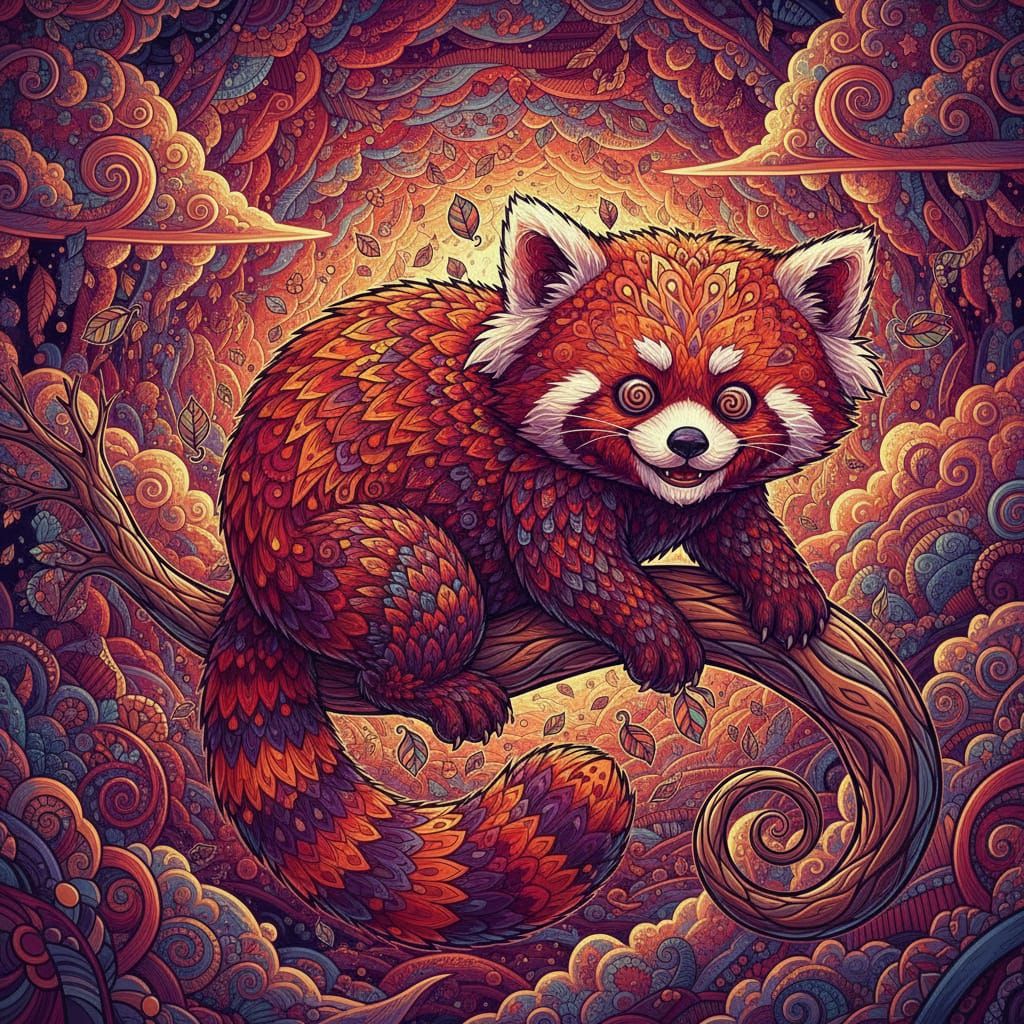 Comical Red Panda in Fractal Zentangle Style