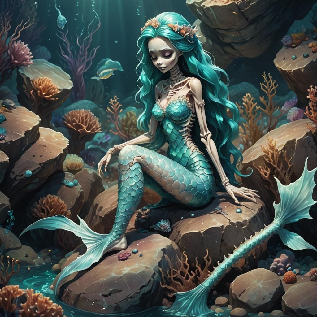 Skeletal Mermaid on Ocean Floor: Fantasy Concept Art