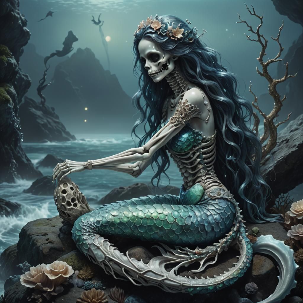 Bioluminescent Mermaid Skeleton in Dark Fantasy Style