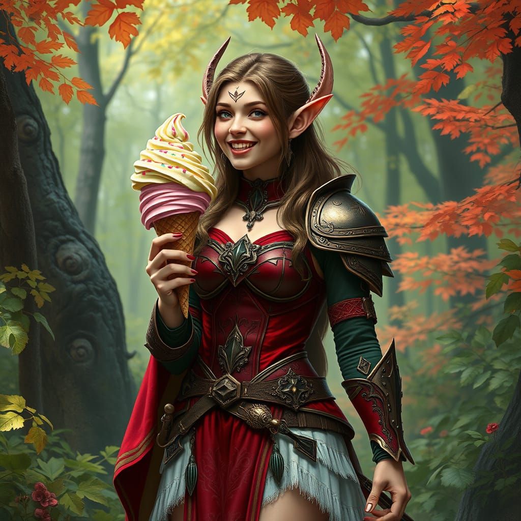 Elf Warrior with Ice Cream in Hyperrealistic Style