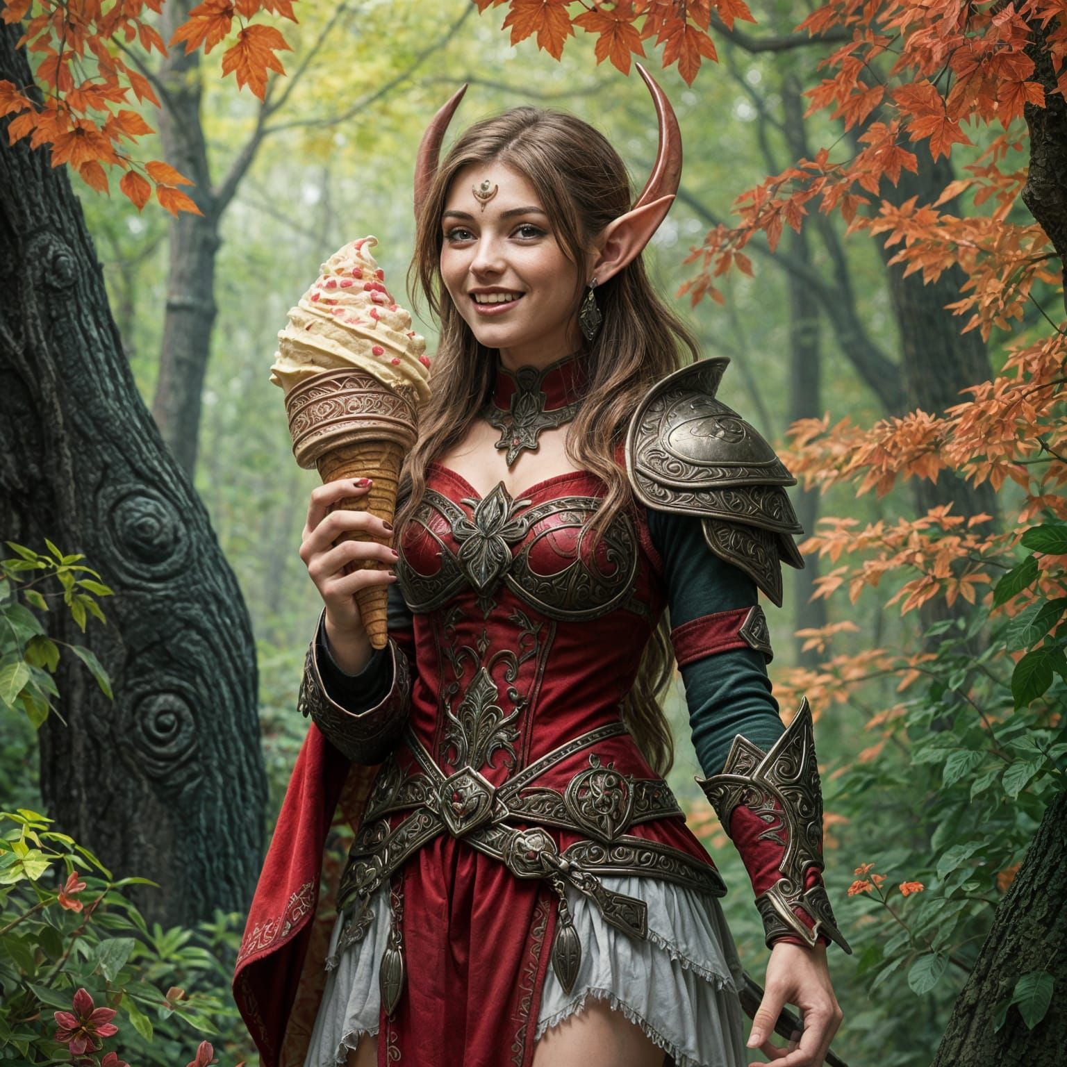 Warrior Elf Woman in Velvet Armor Holding Ice Cream