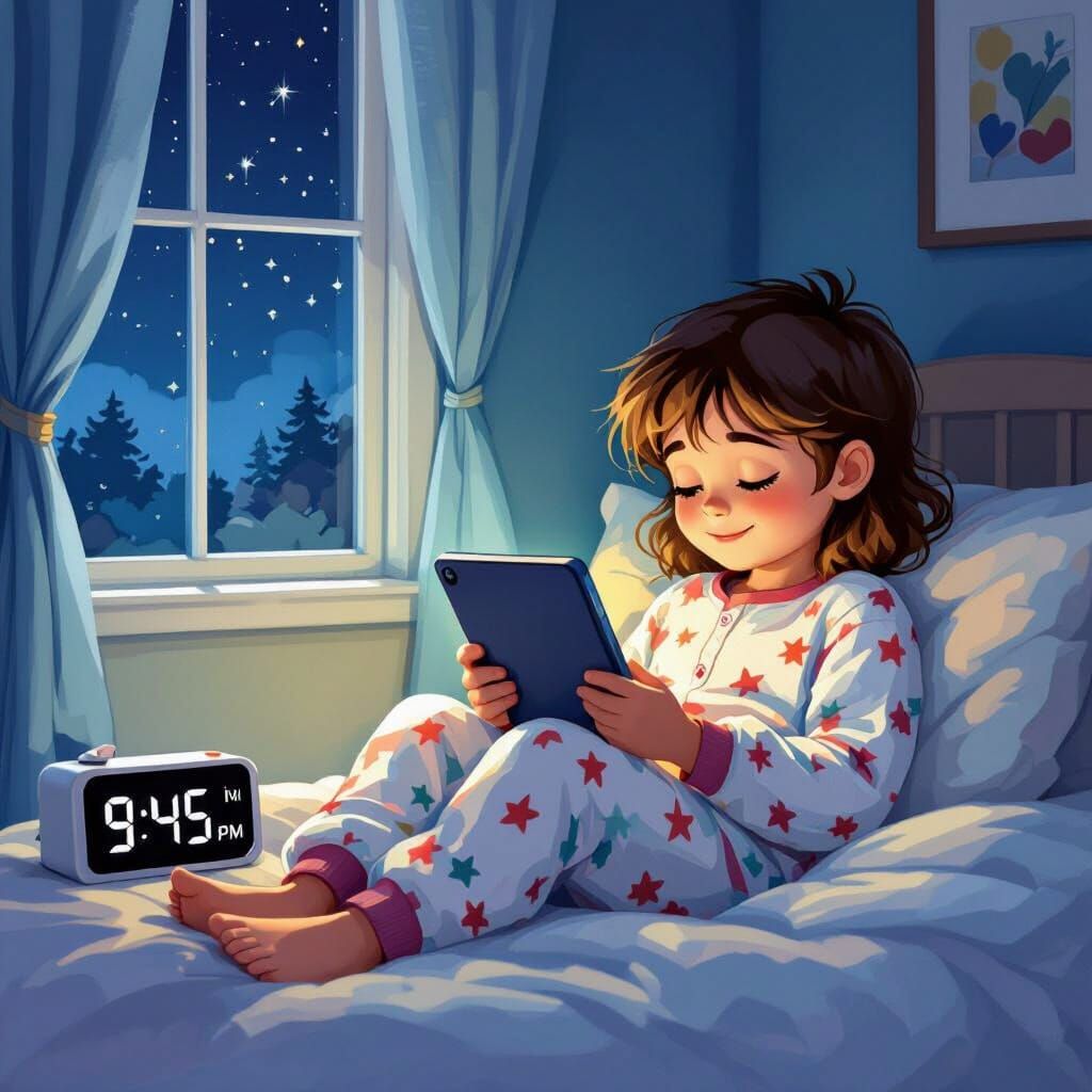 Child Watches YouTube in Bed at Night, Cartoon Style