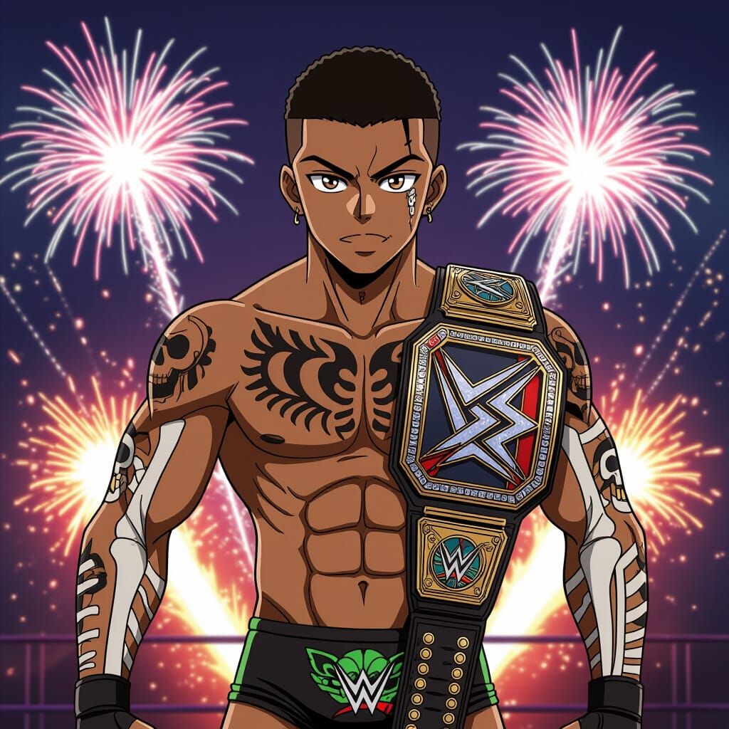 Anime Wrestler with Skeleton Tattoos and Championship Belt