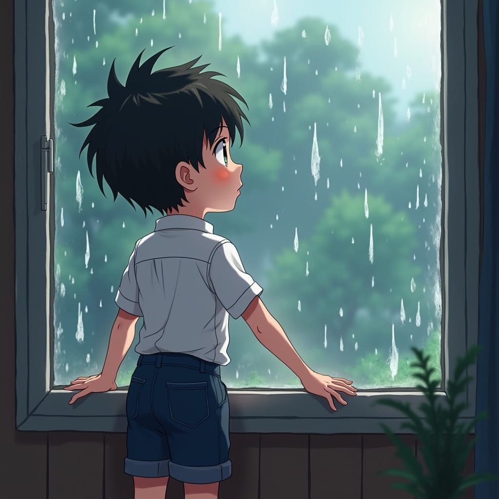 Innocent Boy Contemplates Rainy World in Anime-Inspired Digi...