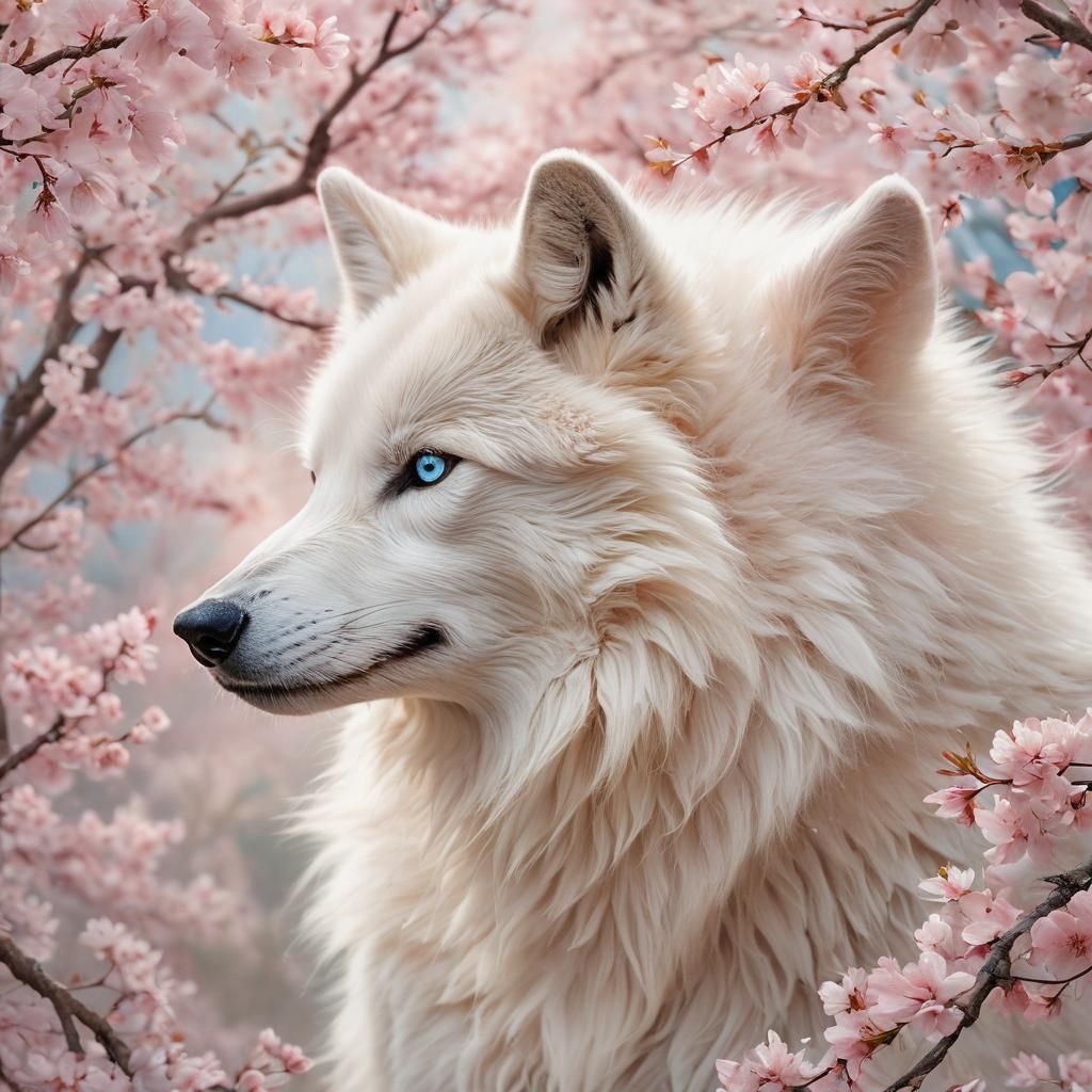 White Wolf in Cherry Blossoms: Watercolor Fantasy Art