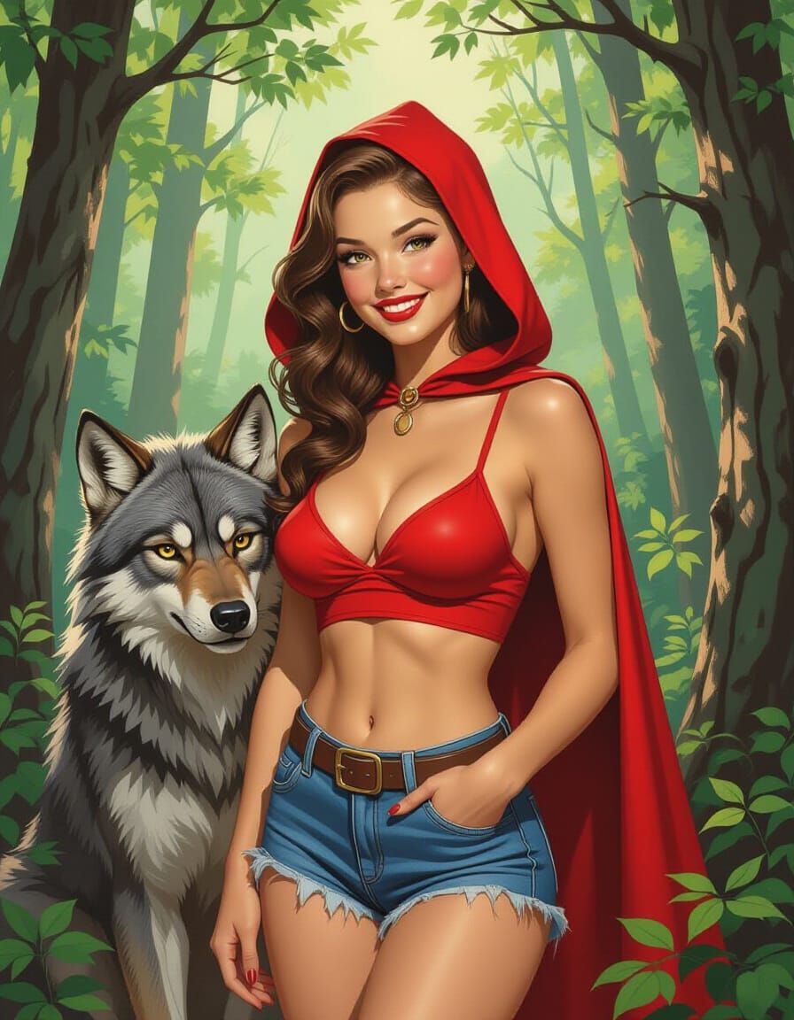 Little Red Riding Hood Pin-Up with Werewolf Friend in Forest