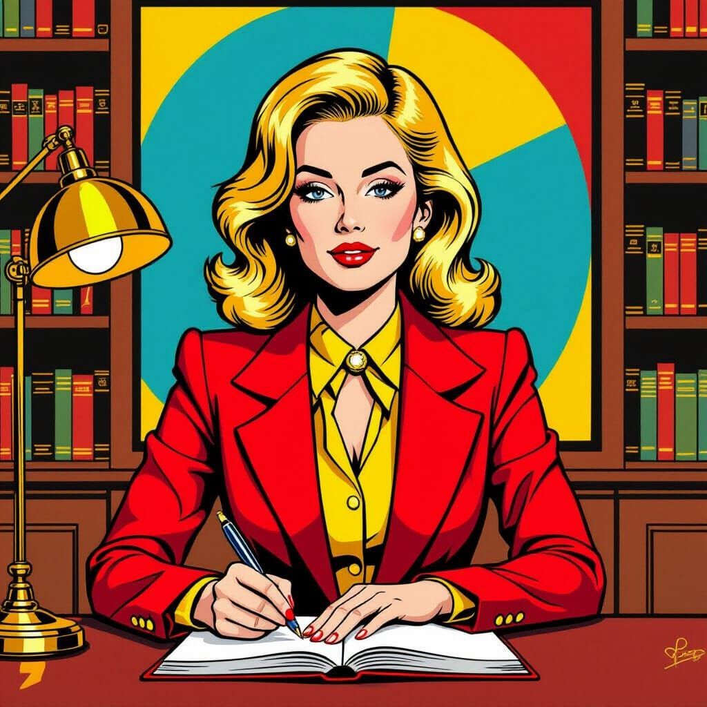 Pop Art Woman Writing in Library
