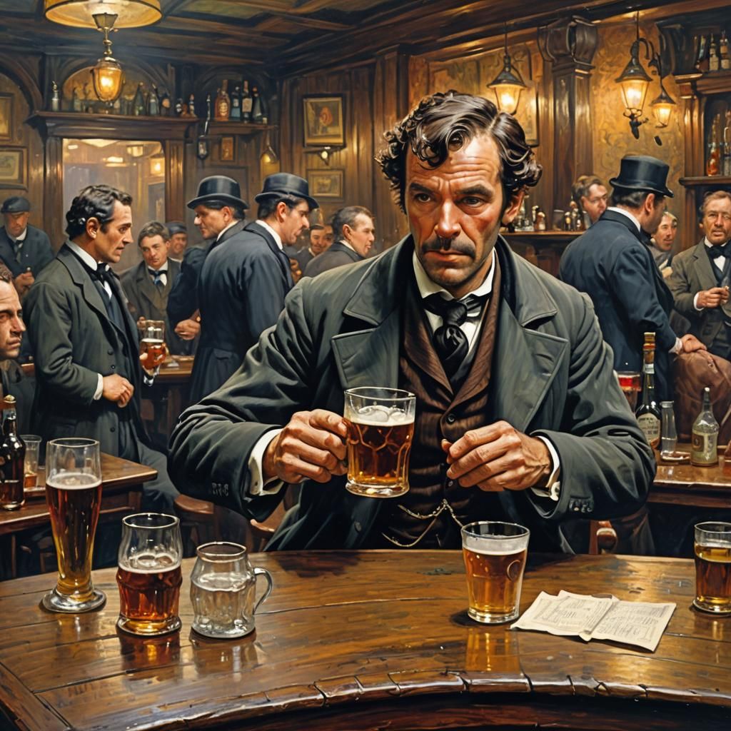 Sherlock Holmes in Tavern: Oil Painting