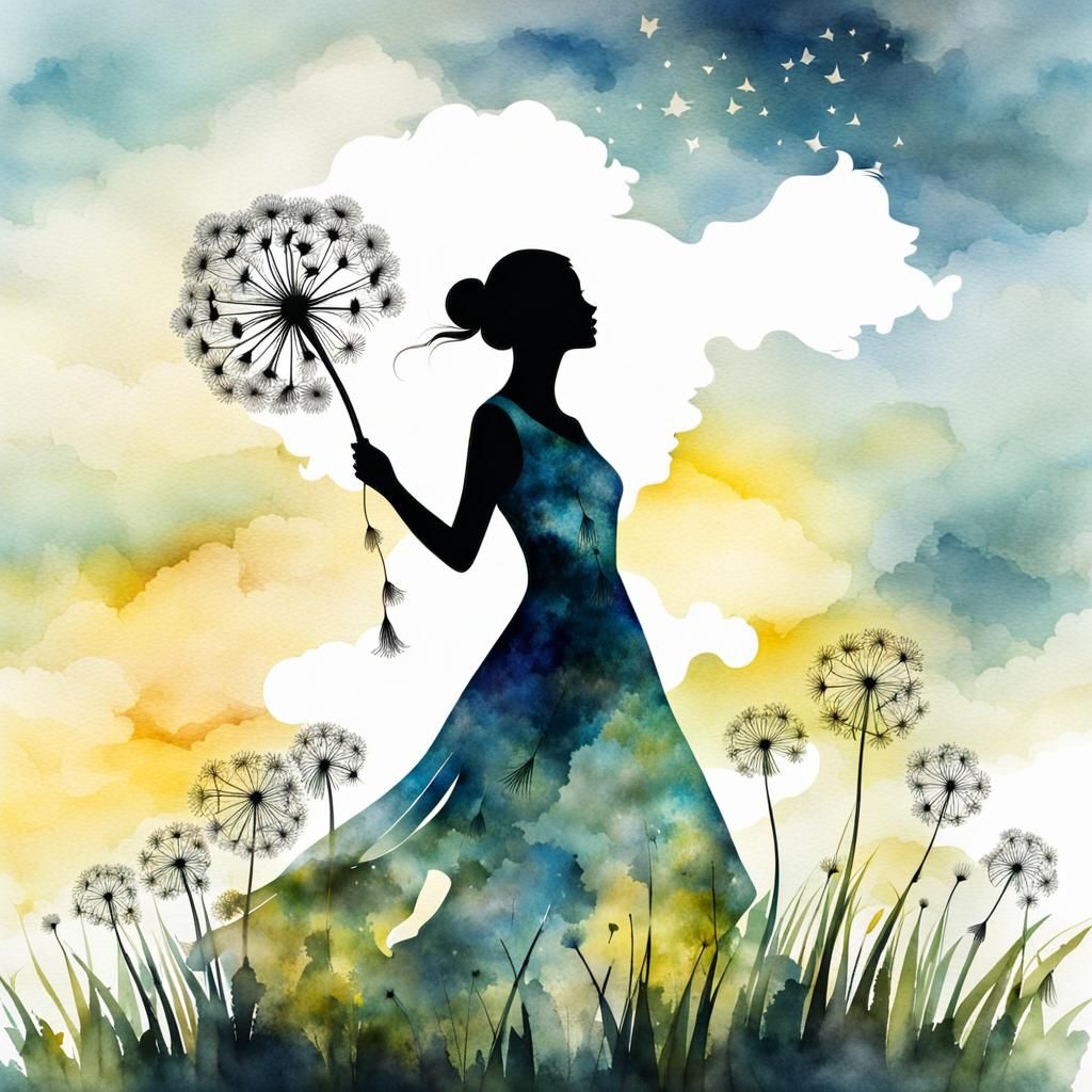 Woman Silhouette with Dandelions in Watercolor Style