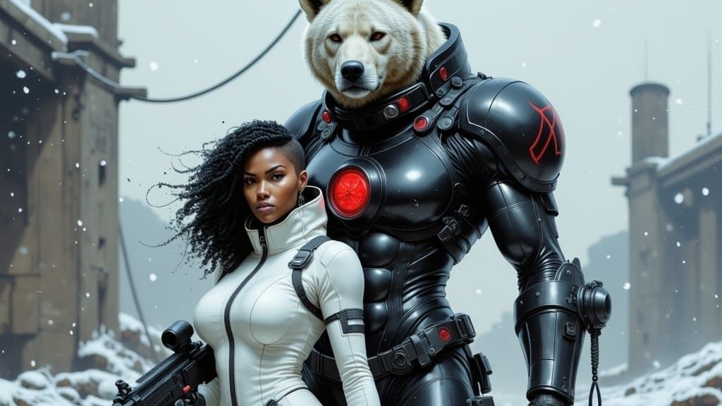 Cyberpunk Polar Bear Guarding Soldier in Snowy Ruins