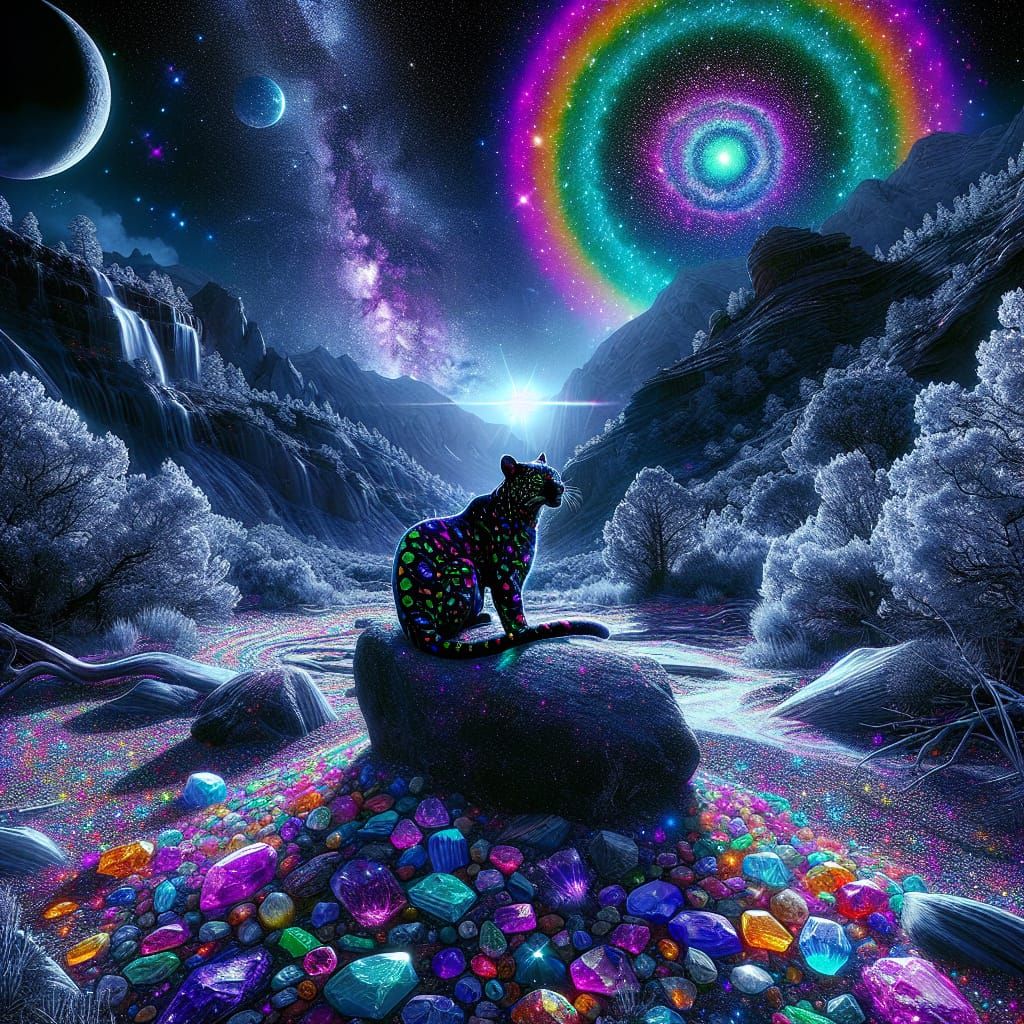 Psychedelic Jaguar in a Canyon Under a Meteor Shower