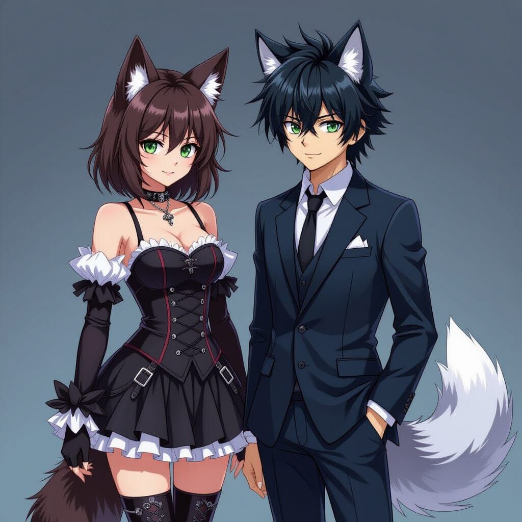 Anime Gothic Couple with Wolf Features and Dark Attire