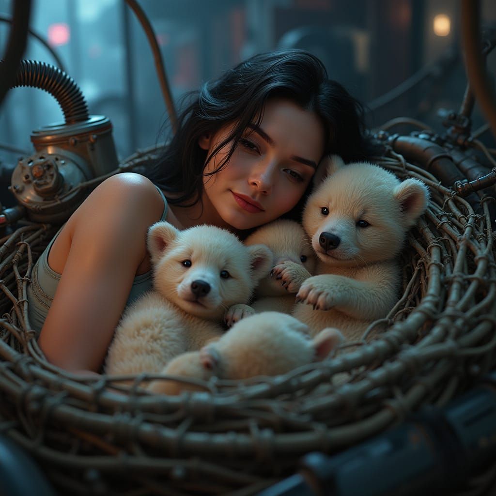 Futuristic Mama Bear and Cubs in Cozy Laboratory Nest
