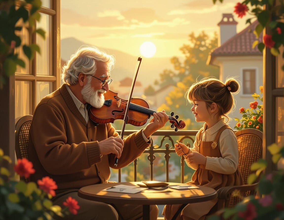 Grandfather Violinist Entertains Grandchildren on Balcony in...