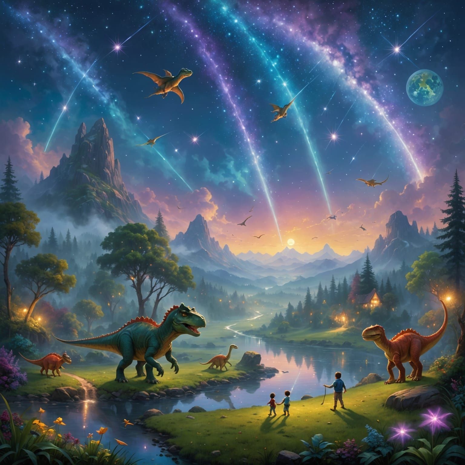Surreal Dinosaur Dreamscape in Whimsical Nighttime Setting