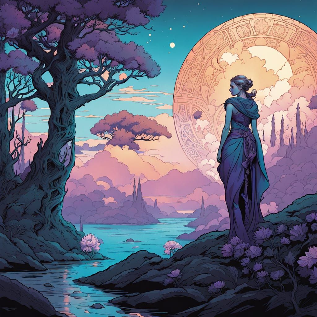 Mysterious Fantasy Portrait in Vibrant, Dreamlike Comic Book...