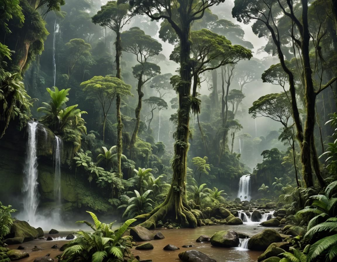 Lush Amazon Rainforest Waterfall Scene
