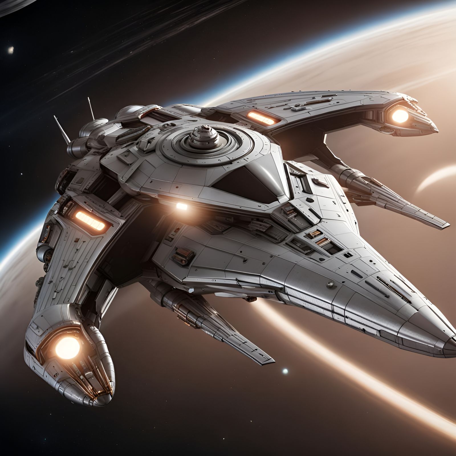 Futuristic Starship Over Saturn, Detailed 3D Render