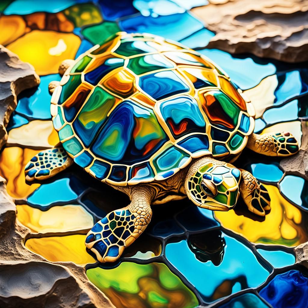 Surreal Stained Glass Turtle in Oil Painting Style