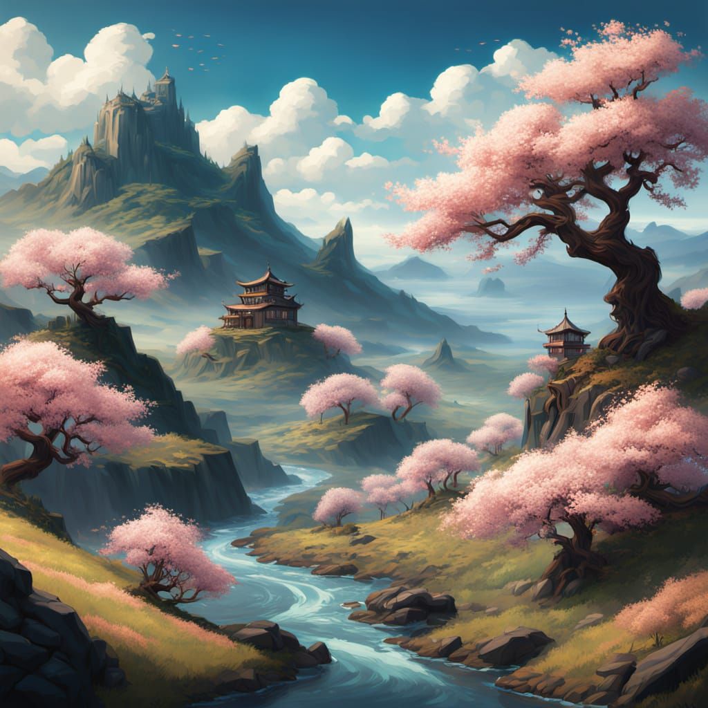 Ethereal Spring Landscape with Blossoming Cherry Trees in Hy...