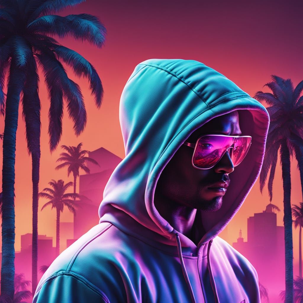 Neon Palm Hoodie in Synthwave Style, Cinematic Still